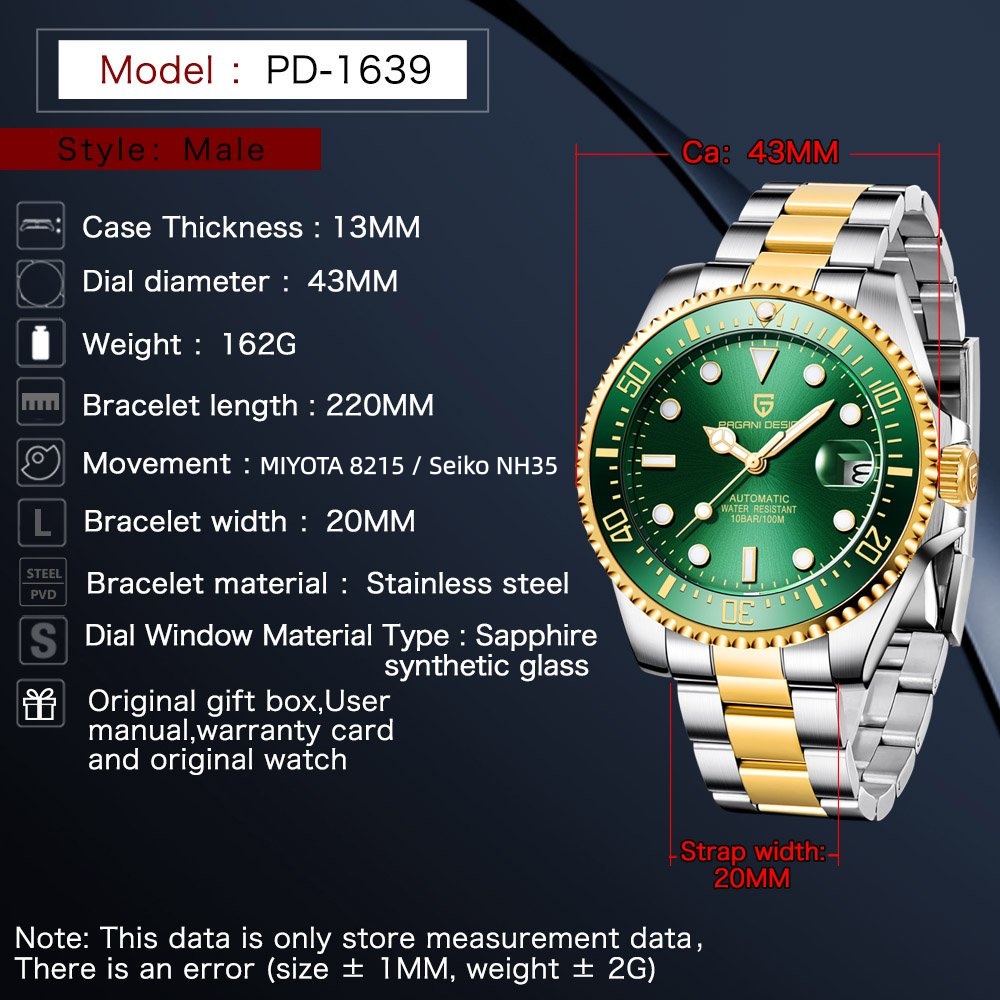 PAGANI Design PD1639 Męski zeg – Rolex Watch Submariner recenzja i cena